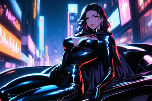 A sultry Catwoman sprawls languidly across the sleek, metallic hood of the Batmobile, her curves and contours showcased against the dark, matte finish. Her eyes gleam with mischief as she gazes up at the night sky, her raven tresses cascading down her back like a waterfall of darkness. The city's neon lights dance in the background, casting a sultry glow on her porcelain skin.