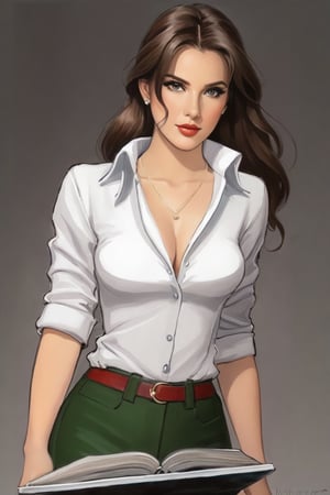 A bold, anime-inspired portrait of a 25-year-old Italian journalist. Her long brown hair flows down her back, often tied in a ponytail that enhances her features. Her (((green_eyes))), intense and penetrating, seem to penetrate the viewer soul. She's wearing bell-bottoms in a vibrant shade, paired with a clean white shirt with rolled up sleeves and a deep neckline. In one hand she clutches a worn notebook, while in the other she holds a trusty ballpoint pen.,Gibrat