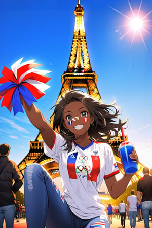 On a splendid sunny day, at the foot of the Eiffell Tower, a beautiful French girl smiles happy to cheer for her national team at the Olympics.  The dark-skinned girl with big black eyes is wearing a white t-shirt with the five Olympic rings and a pair of jeans, in one hand she holds a French flag.