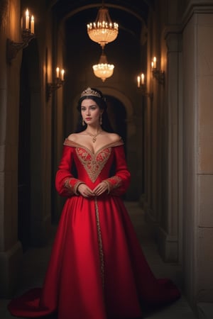a queen in medieval attire at night along a castle corridor, she wears a long red silk gown with a v-shaped neckline and long puffed sleeves, finely decorated with gold thread embroidery, a fitted bodice highlights her buxom bosom and a gold necklace with a sapphire pendant the same color as her eyes. A diamond tiara is placed on the long black hair. Dynamic pose, masterpiece, 8k, uhd, high definition, ,<lora:659095807385103906:1.0>