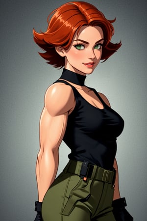 A photo of a beautiful young woman. She wears a black tight tank top, a belt, green pants, fingerless gloves, furrowed brow, smile, looking at viewer, military complex, she has (((muscular body))), tanned skin, medium rounded breast, small rounded ass, skinny thighs. She has a beautiful cute face, long eyelashes, busty lips, big green eyes, small nose, narrow jaw, (((ginger hair))), medium length hair, (masterpiece, best quality, ultra detailed, 8k, intricate details),meryl,black tank top,belt,High detailed ,fingerless gloves,boots,<lora:659111690174031528:1.0>