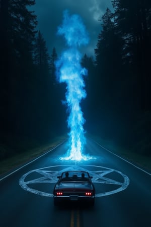 at night in the center of a road that runs straight towards a forest a blue flame emerges from the center of a pentacle painted on the asphalt and stands tall towards the sky Meanwhile a 1967 Chevrolet Impala with two men inside drives away from the scene. In the top of the image in the foreground the writing: 'Supernatural' in white font