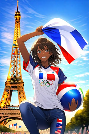 On a splendid sunny day, at the foot of the Eiffell Tower, a beautiful French girl smiles happy to cheer for her national team at the Olympics.  The dark-skinned girl with big black eyes is wearing a white t-shirt with the five Olympic rings and a pair of jeans, in one hand she holds a French flag.