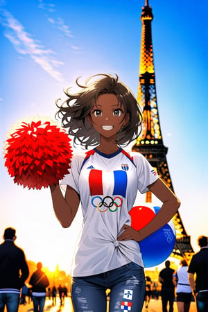 On a splendid sunny day, at the foot of the Eiffell Tower, a beautiful French girl smiles happy to cheer for her national team at the Olympics.  The dark-skinned girl with big black eyes is wearing a white t-shirt with the five Olympic rings and a pair of jeans, in one hand she holds a French flag.