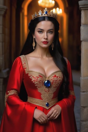 a queen in medieval attire at night along a castle corridor, she wears a long red silk gown with a v-shaped neckline and long puffed sleeves, finely decorated with gold thread embroidery, a fitted bodice highlights her buxom bosom and a gold necklace with a sapphire pendant the same color as her eyes. A diamond tiara is placed on the long black hair. Dynamic pose, masterpiece, 8k, uhd, high definition, 