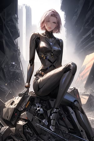 A sleek-looking female humanoid robot is being dismantled, its components being pulled out one by one by relentless mechanical hands. Her synthetic skin is dirty and scratched shows part of the internal components. Its eyes are dull and empty. Its limbs, are bent in unnatural positions. The robot stands in the center of a landfill surrounded by the remains of robots similar to her. The robot junkyard is located at the edge of a large futuristic city with piles of scrap metal, skeletons of machines, rise up toward the gray sky.,mlmnr style,Gibrat,Illustration by Jean Pierre Gibrat,niji5