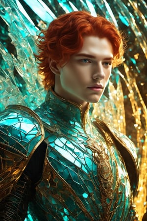 ((Red-haired)) 18 years old man, ruby eyes, sculpted physique, impeccably chiseled facial features, (crystal a see-through cyan battle armor:1.4), poised against an unobtrusive background, natural light bathing the scene, ultra fine, golden hour illumination, sharp focus on the contour of the figure, cinematic, short hair, glasstech, standing still, glasstech,Glass Elements,shards,glass, ((using a mask)), Cybermask