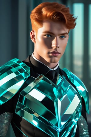 ((Red-haired)) 18 years old man, ruby eyes, sculpted physique, impeccably chiseled facial features, (crystal a see-through cyan battle armor:1.4), poised against an unobtrusive background, natural light bathing the scene, ultra fine, golden hour illumination, sharp focus on the contour of the figure, cinematic, short hair, glasstech, standing still, glasstech,Glass Elements