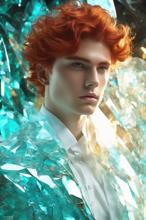 ((Red-haired)) 18 years old man, ruby eyes, sculpted physique, impeccably chiseled facial features, (crystal a see-through cyan tailored suit:1.4), poised against an unobtrusive background, natural light bathing the scene, ultra fine, golden hour illumination, sharp focus on the contour of the figure, cinematic, short hair, glasstech, standing still, glasstech,Glass Elements,shards,glass, masked,brocken glass