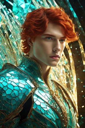 ((Red-haired)) 18 years old man, ruby eyes, sculpted physique, impeccably chiseled facial features, (crystal a see-through cyan battle armor:1.4), poised against an unobtrusive background, natural light bathing the scene, ultra fine, golden hour illumination, sharp focus on the contour of the figure, cinematic, short hair, glasstech, standing still, glasstech,Glass Elements,shards,glass, ((using a mask)), Cybermask