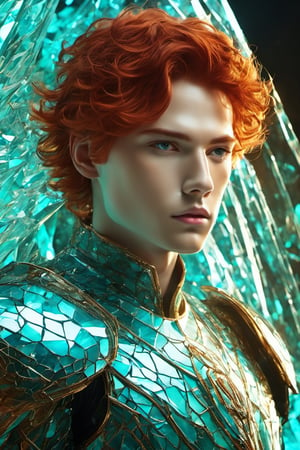 ((Red-haired)) 18 years old man, ruby eyes, sculpted physique, impeccably chiseled facial features, (crystal a see-through cyan battle armor:1.4), poised against an unobtrusive background, natural light bathing the scene, ultra fine, golden hour illumination, sharp focus on the contour of the figure, cinematic, short hair, glasstech, standing still, glasstech,Glass Elements,shards,glass, ((using a glass mask)),Cybermask