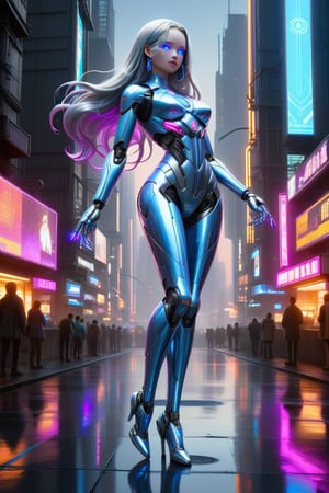 A futuristic metropolis hums at nightfall, neon lights reflecting off polished asphalt. A sleek, silver android stands tall, her voluptious flowing metallic locks shimmering like chrome. Glowing blue optics pierce through the cityscape's digital haze as she grasps a gleaming Bitcoin in her mechanical hand. Her confident pose commands attention, eyes fixed intently on the cryptocurrency as if holding the secrets of tomorrow's technological revolution. Seductive hues of indigo and magenta dance across the holographic advertisements, casting an otherworldly glow.,JediStyle