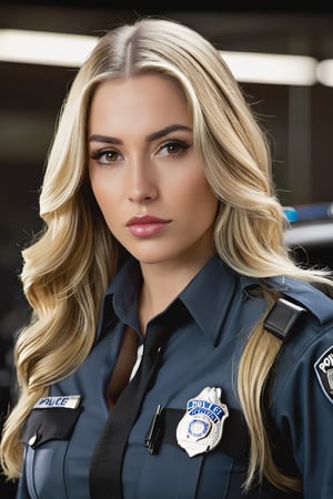 Generate hyper realistic image of a beautiful policewoman with long, flowing blonde hair, captivating brown eyes, and a confident gaze directed at the viewer. Dressed in a realistic police uniform with a prominent belt, her lips express determination and authority. The scene exudes a sense of security and professionalism, capturing the essence of a dedicated law enforcement officer.,hubggirl,Fitanari 