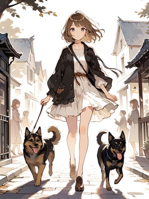 a girl taking a walk with a dog, Illustration, girl, Beautiful eyes, Beautiful brown hair, Very detailed and quality illustration, masterpiece, top quality, aesthetic, 4K, Official Art,
