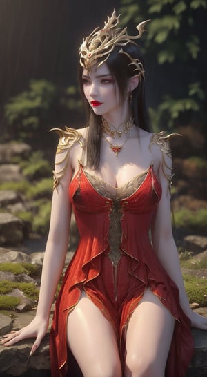 dress, ((knee shot)), fashi-girl, red lips, mature female, makeup, photorealestic、real photograph、((realisticlying:1.5))、There are red butterfly orchids around the hair,Lilac dendrobium、red lilies、1 girl in、Brown hair、floated hair、Hazy beauty、A plump chest, Nice, cleavage, slender leg, Seductive legs, posing elegantly, Have extremely beautiful facial features、Hairpin on the head、perfect hand、(springtime、raining day、butterflys、precipice)、 vectorial art、Chinese contemporary art、Soft lighting、looking-down