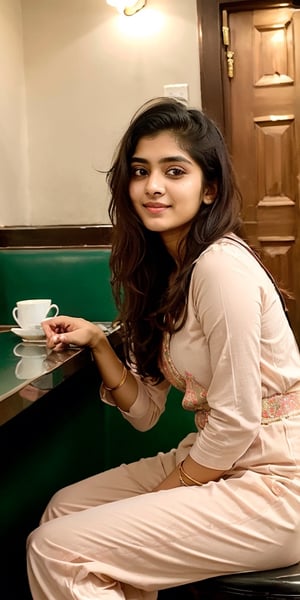 lovely cute young attractive indian teenage girl in a Salwar kameez with pajama,  23 years old, cute, an Instagram model, long blonde_hair, colorful hair, winter, sitting in coffie shop,Bangladeshi