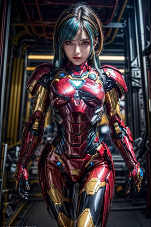 (masterpiece,best quality,ultra-detailed,16K,intricate, high contrast, HDR, RAW photo), 1 cute girl, rainbow-colored hair, long hair, sexy pose, pretty, pantyhose, photorealistic,  ironman mecha, detailed soft skin, shiny skin, earrings, necklace, Nice legs, hourglass body,realhands,mecha musume