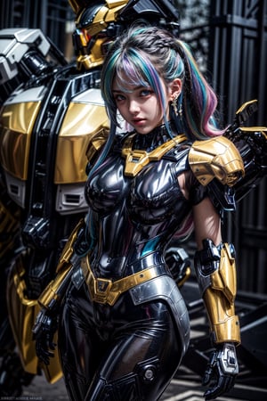 (masterpiece,best quality,ultra-detailed,16K,intricate, high contrast, HDR, RAW photo), 1 cute girl, rainbow-colored hair, long hair, sexy pose, pretty, pantyhose, photorealistic,  gundam mecha, detailed soft skin, shiny skin, earrings, necklace, Nice legs, hourglass body,realhands,mecha musume
