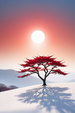 A captivating conceptual photograph featuring a solitary sakura tree dominating a pristine white hill, with a vibrant red sun piercing through a monochromatic sky. The minimalist composition accentuates the tree's delicate beauty and the striking contrast between the white landscape and the warm, glowing sun. The scene evokes a sense of tranquility and serenity, while the sun's rays illuminate the sakura tree, highlighting its ethereal charm., conceptual art, photo
