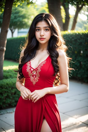 13 years old girl named Jasmeen, long curly hair, sexy thigh, Red long dress, small tits, smooth thigh, fair skin, bokeh,