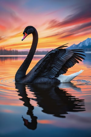 A breathtaking, serene scene of a graceful black swan gliding effortlessly across a tranquil body of water. The swan's pristine fluffy black feathers contrast beautifully with the warm and soothing colors of the sky, which are painted in shades of pink, blue, and gold. The water mirrors the sky's hues, creating a stunning mirror image of the swan and the enchanting sky. The swan's elegantly curved neck and slightly open beak, revealing a hint of its vibrant orange-red interior, add a touch of delicate beauty to the scene. The overall atmosphere of this captivating image is one of peace, tranquility, and breathtaking natural beauty.