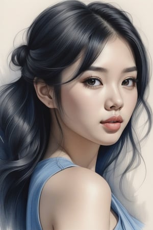 pencil Sketch of a beautiful young asian woman 18 years old, with black hair, ponny hair, alluring, portrait by Charles Miano, ink drawing, illustrative art, soft lighting, detailed, more Flowing rhythm, elegant, low contrast, add soft blur with thin line, full lips, black eyes, blue clothes.