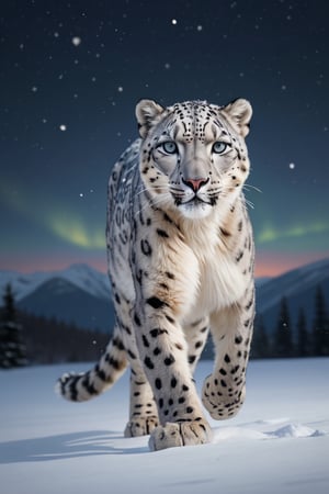 masterpiece,best quality, A majestic snow leopard strides gracefully across a pristine snowy landscape, its fur glistening in the soft moonlight. The scene is captured in a Cinematic Still-Shot, emphasizing the silent, powerful grace of the animal. The image is rendered in the style of a Digital Painting with hyperrealistic detail, including the intricate patterns of the leopard's fur and the sparkling snowflakes. The mood is serene and awe-inspiring, with a luminous aurora borealis illuminating the night sky in the background, adding a magical touch to the winter wonderland. center composition, symmetry composition,   Fine art photography style  NurLens
