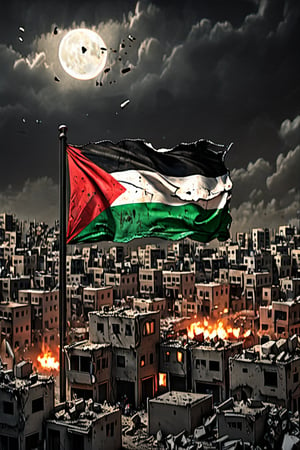 high detail,high quality,dark theme،((palestine flag)),The flag of Palestine is raised by a child،War-torn city،Bombed houses