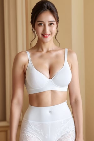 sfw, (best quality:2.0),highest-quality, summer sky lighting,realistic,sunny, 35yo, european female, mansion livingroom, feminine realistic medium breast, cleavage,tight white leggings, white lace bra, perfect-face,looking at viewer,light-smile,amazing realistic detailed,jyojipan,photorealistic