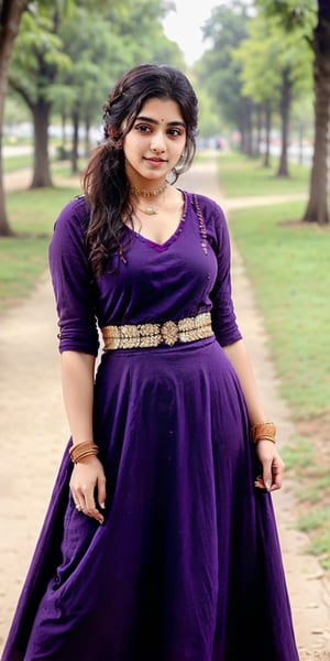 ovely cute young attractive indian teenage girl in a indian purple long dress, wearing a gold jewellary, 23 years old, cute, an Instagram model, braided blonde_hair, colorful hair, winter, standing in a park, ,Indian