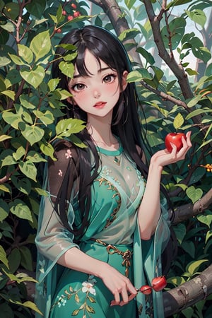 anime, hentai, manga, young girl body, cartoon, black long hair, best quality, pretty face, brown eyes, on the nature, portrait, long hair cute girl, illustration, anime girl, holding an apple, green dress, nature background, Sexy_attire, see through