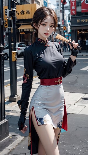 JinxLol,mature female,1girl, solo,looking at viewer, gloves, fingerless gloves,red cheongsam, character name, looking at viewer, belt,outdoors,lora:JinxLolEp8dim8:1, lora:JinxLol:1,wearing cheongsam,one piece,Holding a fan in one hand, JeeSoo,JeeSoo 