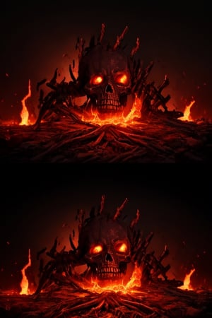 Generate hyper realistic image of a macabre scene of an undead pyromancer, wreathed in flames, casting dark fire spells amidst the skeletal remains of fallen foes. The background features a foreboding, lava-filled abyss, adding to the sinister ambiance of the Dark Souls universe. highly detailed, sharp focus.8k,photography style