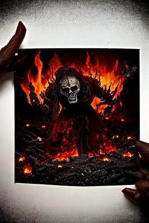 Generate hyper realistic image of a macabre scene of an undead pyromancer, wreathed in flames, casting dark fire spells amidst the skeletal remains of fallen foes. The background features a foreboding, lava-filled abyss, adding to the sinister ambiance of the Dark Souls universe. highly detailed, sharp focus.8k,photography style,vidyabalan