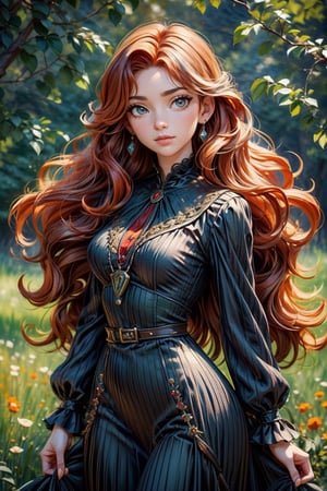 An oil portrait of a young, beautiful lady with long wavy ginger red hair, fair skin, green eyes, siren-shaped eyes, and freckles on her face and body. She has a neutral, yet deceiving-looking expression on her face and wears an elegant black-colored 1890s-inspired dress, along with silver jewelry.