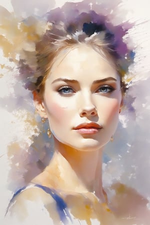 Minimalist work drawing, face and shoulders of a charming woman, clear and fundamental lines to express beauty and sweetness, lines made with a fine tip pen, just some nuances of pastel color, splashes of golden ink, Pino Daeni Style, fair and austere lines, simplicity but refinement, only the eyes must be well defined and focused, only the shadows necessary to represent the volumetry, white background, digital painting, UHD, 3D