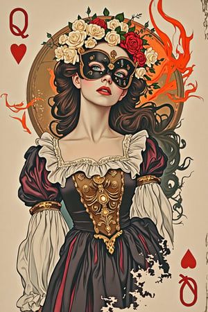 Playing cards. Queen.((((Masked face))).concept art, Ilya Kuvshinov style, white and red roses, pin-up girl, ivy, concept art, Pitchers.smoke, fire, sparks, horror, beauty and aesthetics of the female body, sexy, mysticism, wet watercolor, surrealism, multilayering, triple exposure, hyperrealism, photorealism, dark fantasy, digital art, complex filigree fractal patterns, high resolution, detailed graphics