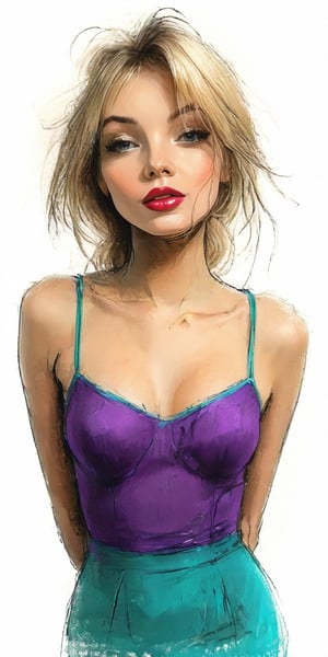 ((pencil sketch:1.6)), beautiful young woman 20 years old, with blonde hair, small breasts, asymmetrical hair, lipstick, full lips, alluring, ((purple and turquoise pencil sketch:1.6))), illustrative art, soft lighting, detailing, smoother rhythm, elegant, low contrast, add soft blur with thin line, elegant dress, taut abs, (((hourglass body shape, slim))), small breasts, cleavage