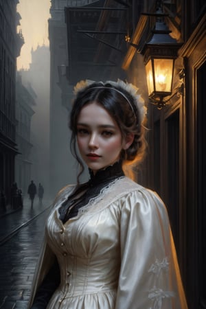 ((portrait of a very beautiful woman))+++, standing in an urban setting with (Victorian lace detailing)+, (volumetric light.)+++, James Tissot-inspired color palette, Pixabay contest-worthy image, merges with 3D anime artistry, exuding an elegant, high-quality fantasy aura, rococo influences subtly infused, digital painting,masterpiece,firefliesfireflies