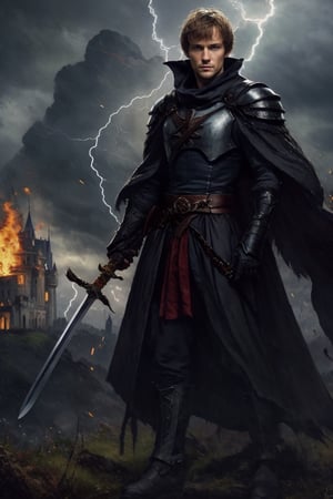 painting of a man holding a sword, ((very handsome god of lightning and war))++, dark cloak sweeps behind his back, gloomy castle in the background, cover of a young adult fantasy novel based on Gonzalo Endara Crowe, website banner, Bradley James and Colin Morgan, by Briana Mora, eerie glowing eyes, sai drawing tool, gloomy and realistic, anthropomorphic raven knight, clear image