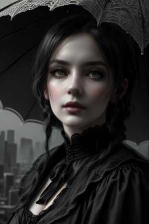 ((Close-up portrait of a very beautiful woman))+++, gripping umbrella, standing in an urban setting with (Victorian lace detailing)+, (moody light.)+++, James Tissot-inspired color palette, Pixabay contest-worthy image, merges with 3D anime artistry, exuding an elegant, high-quality fantasy aura, rococo influences subtly infused, digital painting,masterpiece