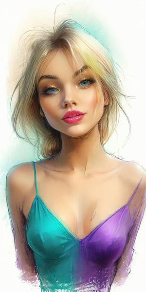 ((pencil sketch:1.6)), beautiful young woman 20 years old, with blonde hair, small breasts, asymmetrical hair, lipstick, full lips, alluring, ((purple and turquoise pencil sketch:1.6))), illustrative art, soft lighting, detailing, smoother rhythm, elegant, low contrast, add soft blur with thin line, elegant dress, taut abs, (((hourglass body shape, slim))), small breasts, cleavage,DonMP4ste11F41ryT4l3XL