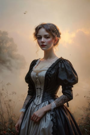 ((portrait of a very beautiful woman))+++, standing in an urban setting with (Victorian lace detailing)+, (misty light.)+++, James Tissot-inspired color palette, Pixabay contest-worthy image, merges with 3D anime artistry, exuding an elegant, high-quality fantasy aura, rococo influences subtly infused, digital painting,masterpiece,firefliesfireflies