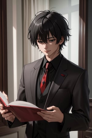 masterpiece, 3D, real photo, best quality, ultra-detailed, 8k raw photo, 1boy, young adult, black hair, grey eyes, shaggy hair, tall, black suit, (red necktie), eye_partially_closed, (smile:0.7), reading