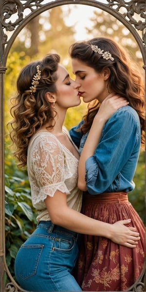 In a soft focus, warm-toned frame, two opposite women embrace in a passionate kiss. one is a Vintage Era Girl, resplendent in her Art Nouveau-inspired finery - flowing curls, ornate lace, and gemstone-encrusted jewelry - wraps her arms around a College Student Girl, dressed in colorful modern casual attire: distressed denim, a graphic t-shirt, and sneakers. The contrast between their styles is striking as they lose themselves in the intimate moment, rolling over each other amidst lush greenery and warm golden light.