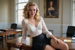 A sultry close-up shot of a young woman of skinny waist sitting on a desk in a luxurious private college classroom, with a playful and coy expression. glamorous hairstyle with golden locks cascade. an undone blouse reveals a nipslip, sideview of her round breast, contrasting her skinny waist, small frame,petite built. She's wearing a flying skirt that rises slightly as she casually raises one leg, revealing the lace trim of luscious thigh-highs and garter just at the limits between her thighs and her buttocks. The camera captures her innocent smile, leaving the viewer wondering if she's aware of her own sensuality or just being playful. Soft, natural lighting illuminates her features, with a shallow depth of field blurring the background to emphasize her face and legs. The composition focuses on her legs and upper body, drawing attention to the subtle sexuality of the scene.