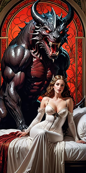 In a lavish Art Nouveau bed, a stunning maiden indulges in forbidden passion with a behemoth demon lying in bed with her. passionate embrace. Her curves are modestly concealed by elegant sheer attire. The monstrous creature's razor-sharp fangs are dripping crimson blood. her face expreses her overwhelming pleasure and surprise while she fully embraces her own corruption. 