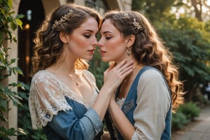 In a soft focus, warm-toned frame, two women embrace in a passionate kiss. Vintage Era Girl, resplendent in her Art Nouveau-inspired finery - flowing curls, ornate lace, and gemstone-encrusted jewelry - wraps her arms around College Student Girl, dressed in modern casual attire: distressed denim, a graphic t-shirt, and sneakers. The contrast between their styles is striking as they lose themselves in the intimate moment, amidst lush greenery and warm golden light.