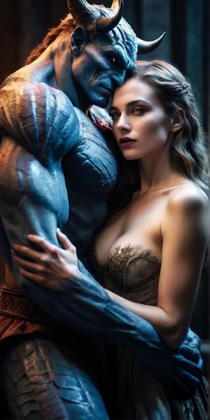 A hyper-realistic wide shot composition captures the tense moment as she finally meets her demonic lover. Soft, blueish lighting illuminates her sultry body and anxious expression, highlighting the nervous tremble of her hands as they rest in her lap. Her eyes, bright with anticipation, lock onto his as she takes in his imposing figure. The demon's massive size and intimidating aura are palpable, but her gaze remains fixed on him, a mix of admiration and lust simmering beneath the surface. The air is thick with unspoken desire, contained for so long.
