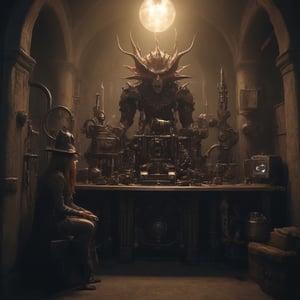 (8K, raw photo, highest quality, Masterpiece: 1.2), a chamber full of steampunk machines controlled by demons,(( one stealthy elf sabotaging a small machine)),
the scene happens in a mechanical fortress in hell.